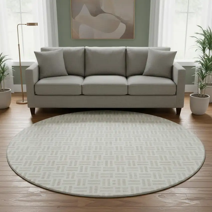 8' Ivory And Beige Geometric Washable Round Rug With UV Protection Photo 2