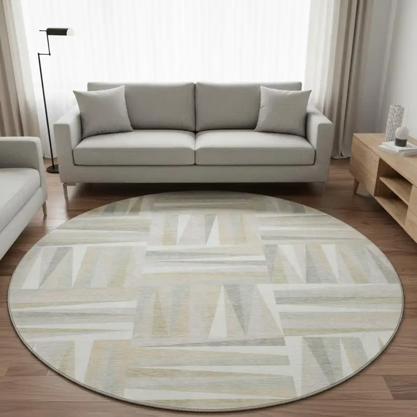 8' Ivory And Beige Geometric Washable Round Rug With UV Protection Photo 2