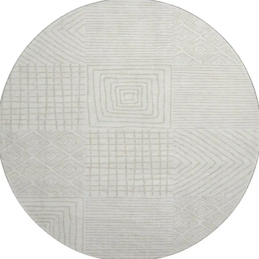8' Ivory And Beige Geometric Washable Round Rug With UV Protection Photo 2