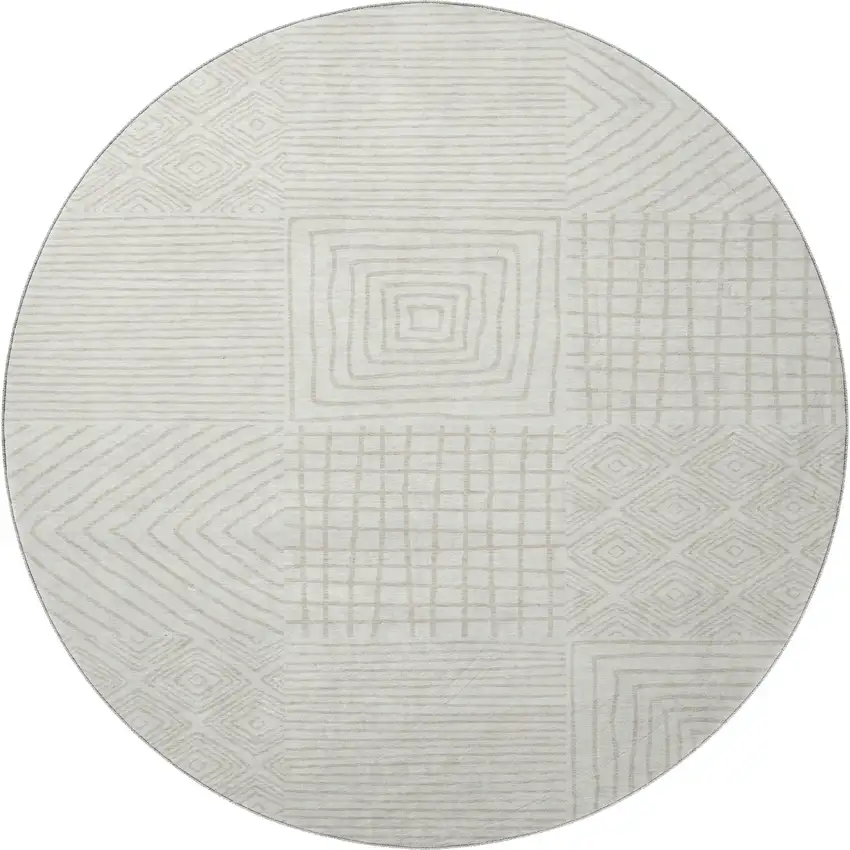 8' Ivory And Beige Geometric Washable Round Rug With UV Protection Photo 3