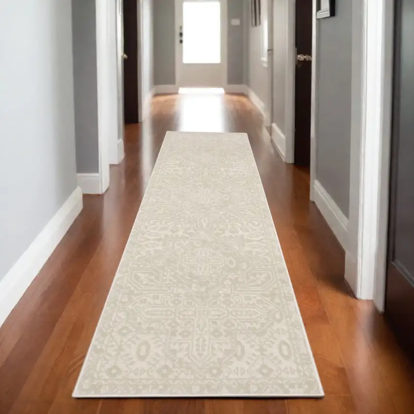 8' Ivory And Beige Medallion Runner Rug Photo 1