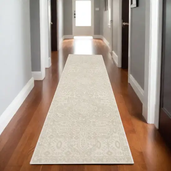 8' Ivory And Beige Medallion Runner Rug Photo 1