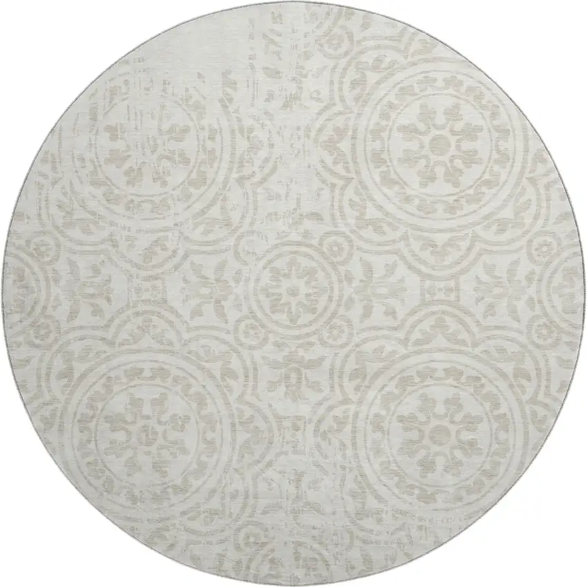 8' Ivory And Beige Medallion Washable Round Rug With UV Protection Photo 1