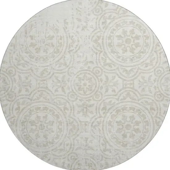 8' Ivory And Beige Medallion Washable Round Rug With UV Protection Photo 3