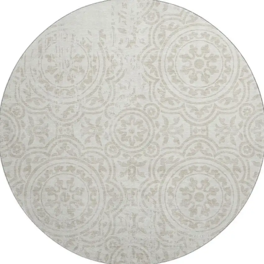 8' Ivory And Beige Medallion Washable Round Rug With UV Protection Photo 3