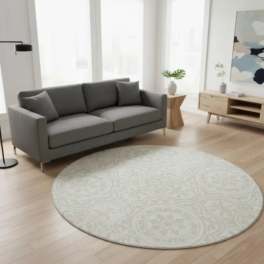 8' Ivory And Beige Medallion Washable Round Rug With UV Protection Photo 2