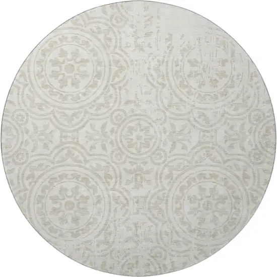 8' Ivory And Beige Medallion Washable Round Rug With UV Protection Photo 4
