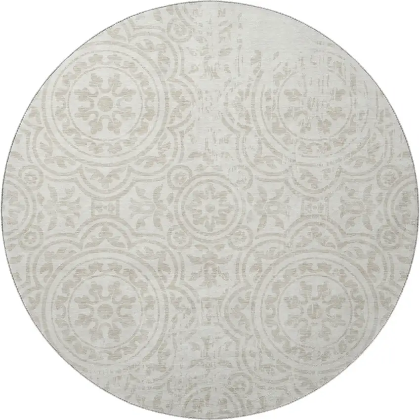 8' Ivory And Beige Medallion Washable Round Rug With UV Protection Photo 4