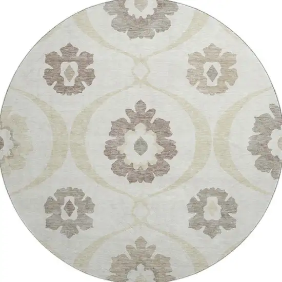 8' Ivory And Beige Medallion Washable Round Rug With UV Protection Photo 4