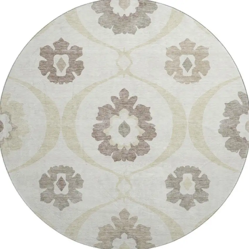 8' Ivory And Beige Medallion Washable Round Rug With UV Protection Photo 4