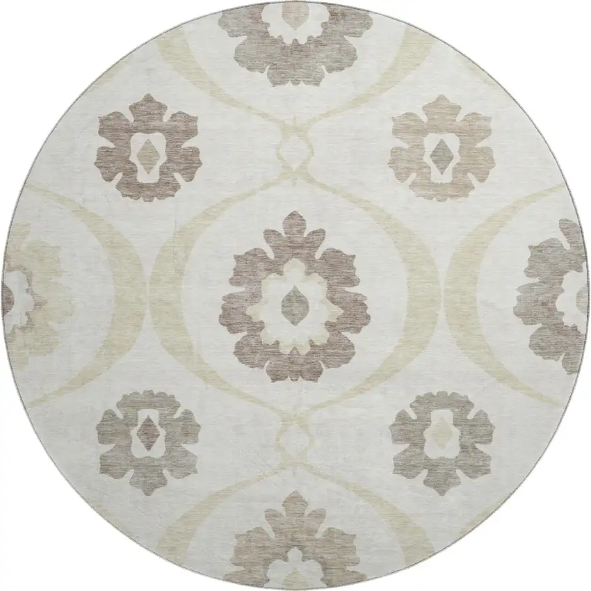 8' Ivory And Beige Medallion Washable Round Rug With UV Protection Photo 1