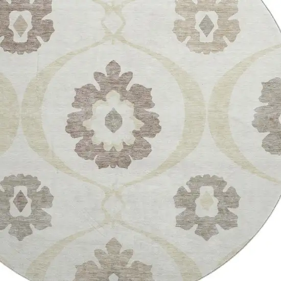 8' Ivory And Beige Medallion Washable Round Rug With UV Protection Photo 3