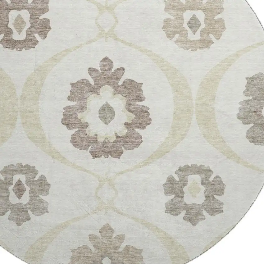 8' Ivory And Beige Medallion Washable Round Rug With UV Protection Photo 3