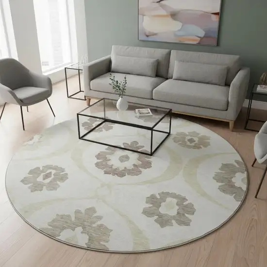 8' Ivory And Beige Medallion Washable Round Rug With UV Protection Photo 2