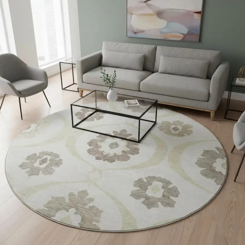 8' Ivory And Beige Medallion Washable Round Rug With UV Protection Photo 2