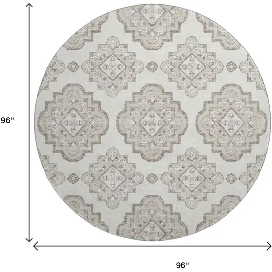 8' Ivory And Beige Medallion Washable Round Rug With UV Protection Photo 8