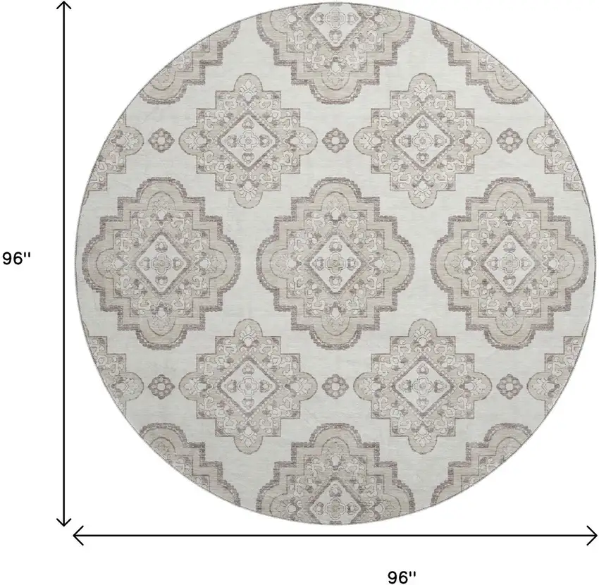 8' Ivory And Beige Medallion Washable Round Rug With UV Protection Photo 8