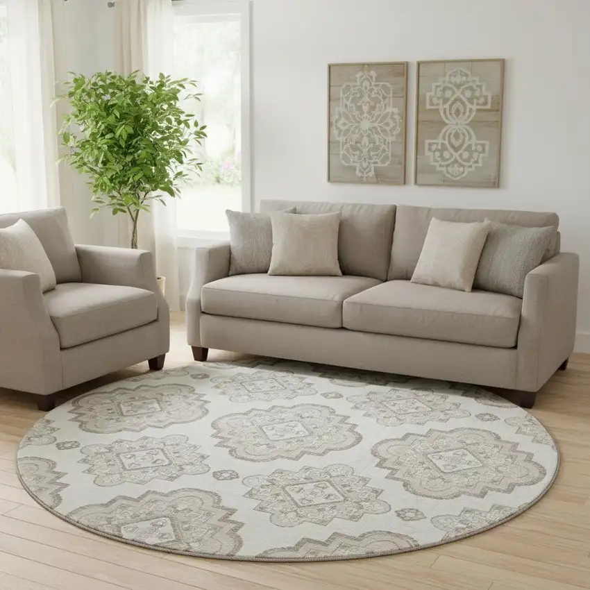 8' Ivory And Beige Medallion Washable Round Rug With UV Protection Photo 1