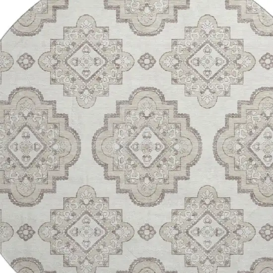 8' Ivory And Beige Medallion Washable Round Rug With UV Protection Photo 3