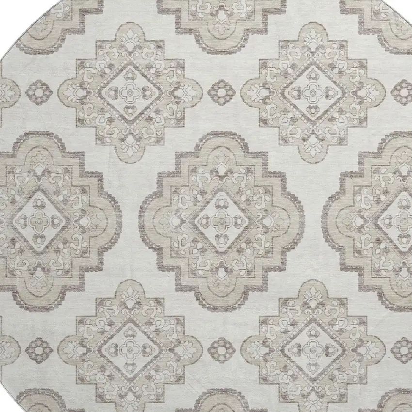 8' Ivory And Beige Medallion Washable Round Rug With UV Protection Photo 3