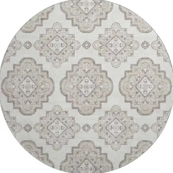 8' Ivory And Beige Medallion Washable Round Rug With UV Protection Photo 4