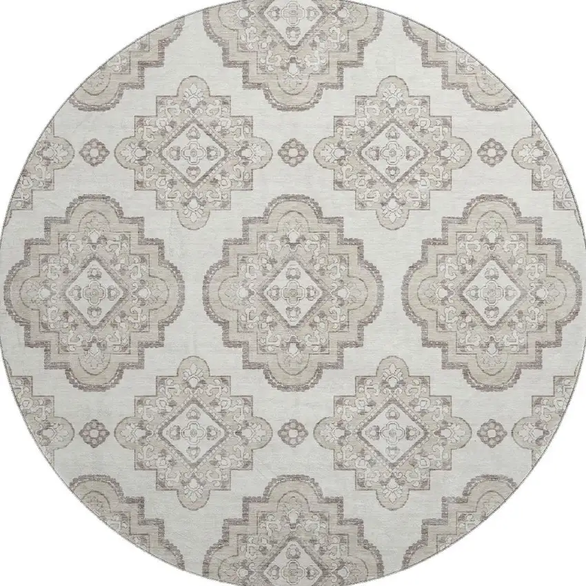 8' Ivory And Beige Medallion Washable Round Rug With UV Protection Photo 4