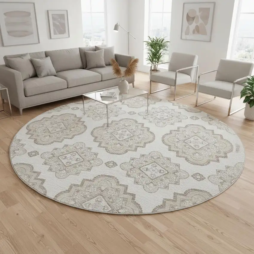 8' Ivory And Beige Medallion Washable Round Rug With UV Protection Photo 2