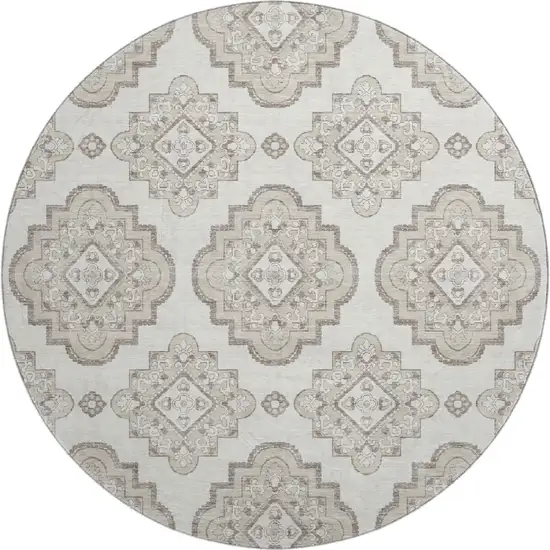 8' Ivory And Beige Medallion Washable Round Rug With UV Protection Photo 1