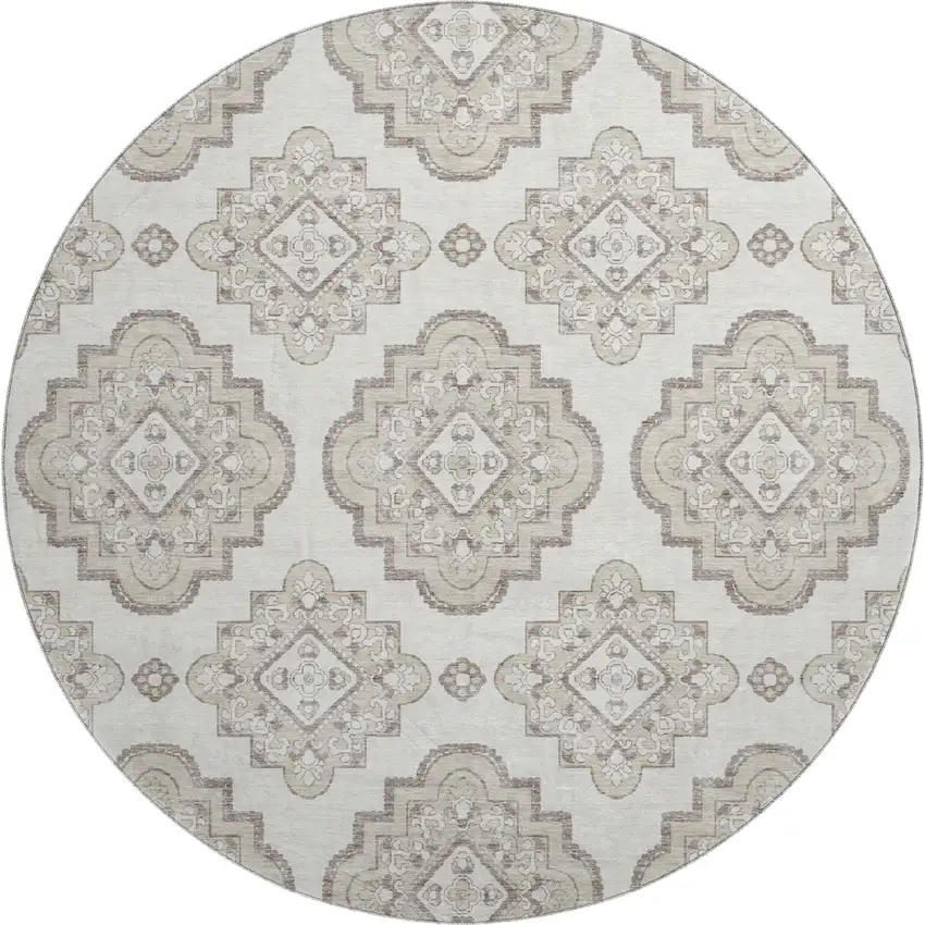 8' Ivory And Beige Medallion Washable Round Rug With UV Protection Photo 1