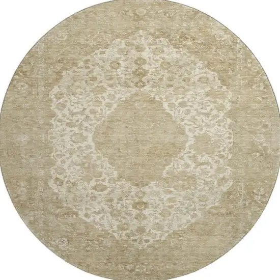 8' Ivory And Beige Medallion Washable Round Rug With UV Protection Photo 3