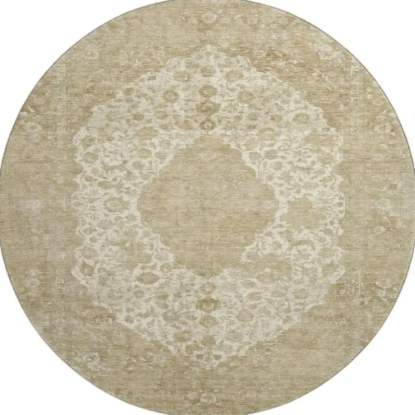 8' Ivory And Beige Medallion Washable Round Rug With UV Protection Photo 3