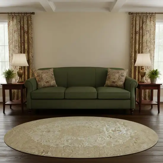 8' Ivory And Beige Medallion Washable Round Rug With UV Protection Photo 2