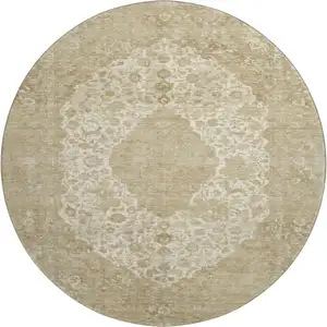 Photo of 8' Ivory And Beige Medallion Washable Round Rug With UV Protection