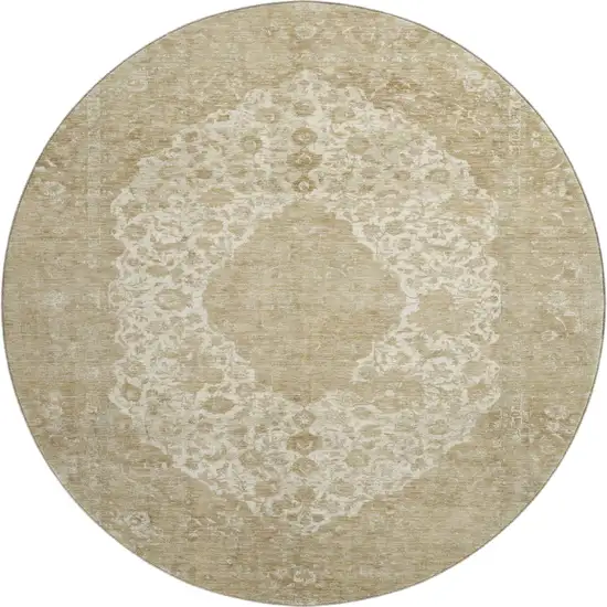8' Ivory And Beige Medallion Washable Round Rug With UV Protection Photo 1