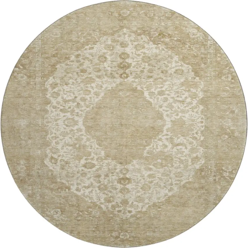 8' Ivory And Beige Medallion Washable Round Rug With UV Protection Photo 1
