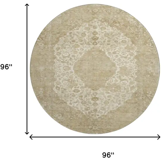 8' Ivory And Beige Medallion Washable Round Rug With UV Protection Photo 9
