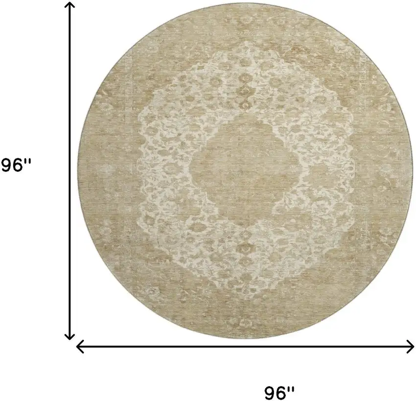 8' Ivory And Beige Medallion Washable Round Rug With UV Protection Photo 9