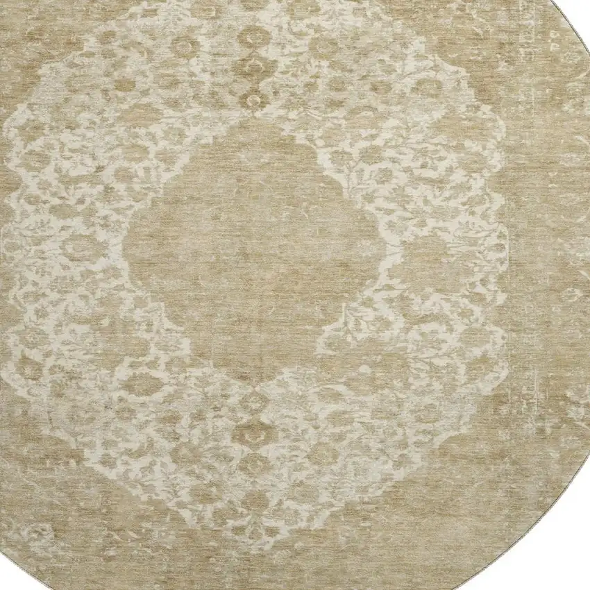 8' Ivory And Beige Medallion Washable Round Rug With UV Protection Photo 2