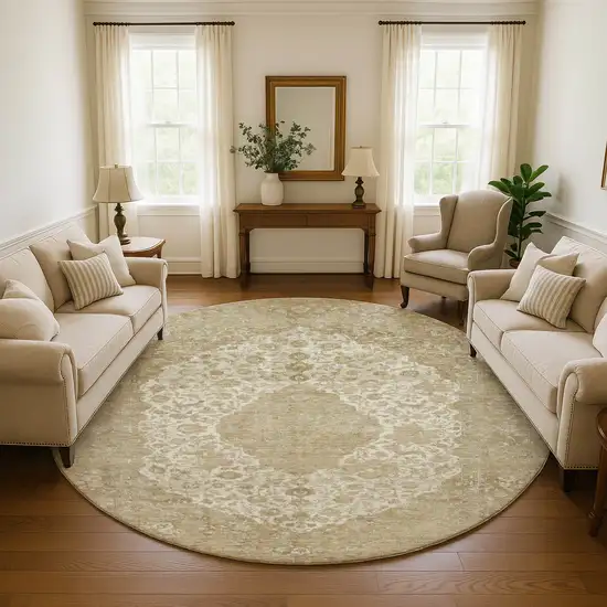 8' Ivory And Beige Medallion Washable Round Rug With UV Protection Photo 4
