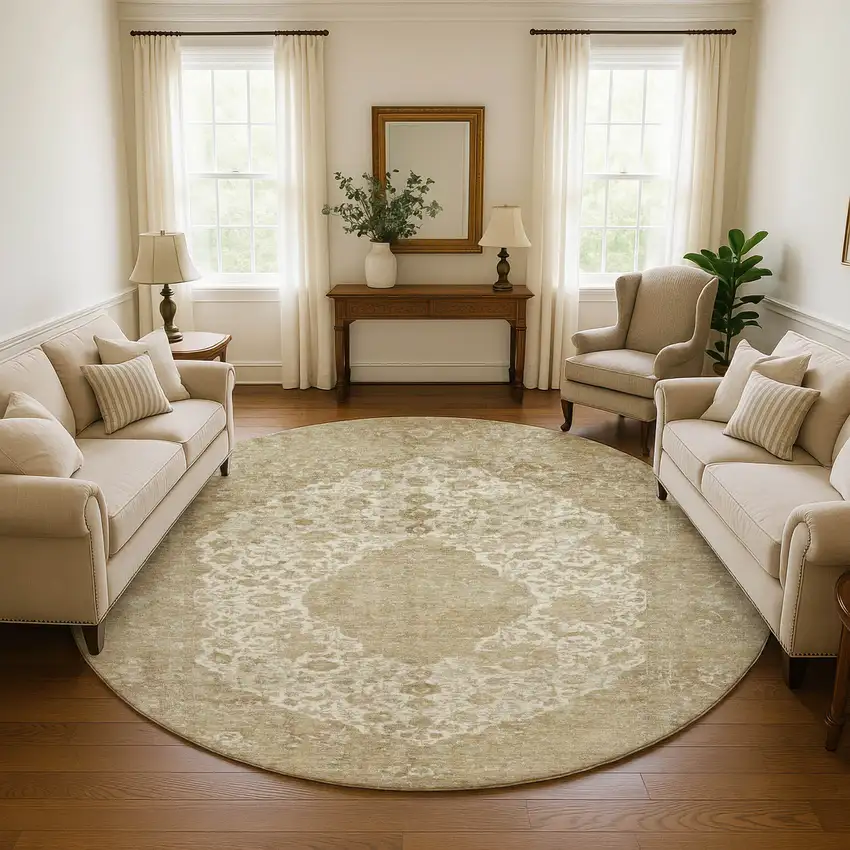 8' Ivory And Beige Medallion Washable Round Rug With UV Protection Photo 4