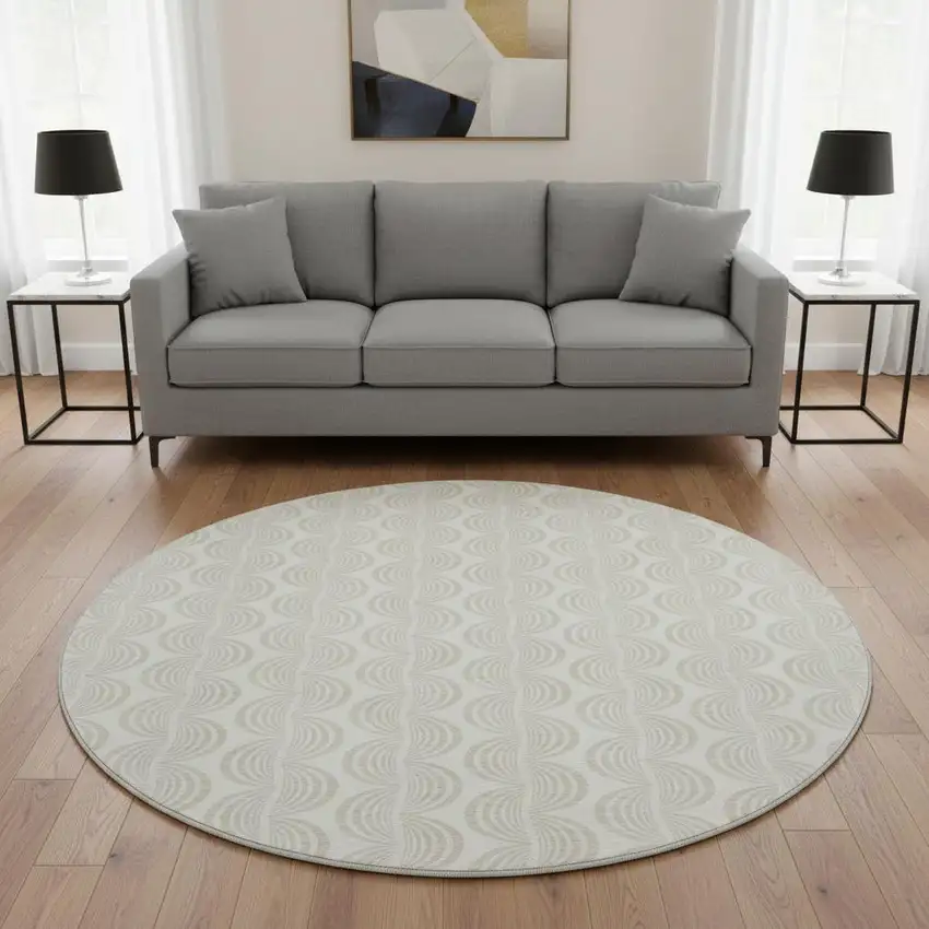 8' Ivory And Beige Ogee Washable Round Rug With UV Protection Photo 2