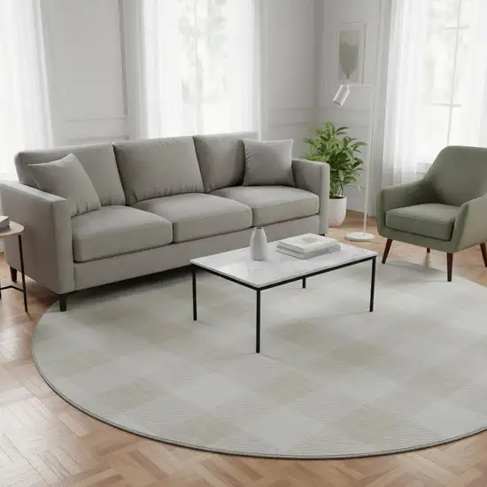 8' Ivory And Beige Plaid Washable Round Rug With UV Protection Photo 2