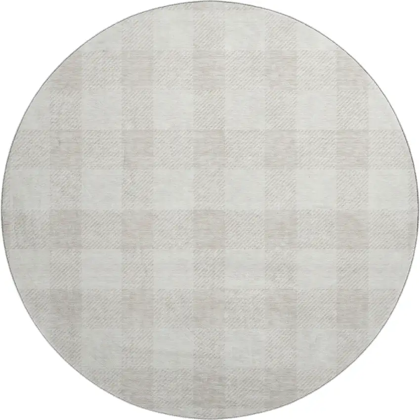 8' Ivory And Beige Plaid Washable Round Rug With UV Protection Photo 1