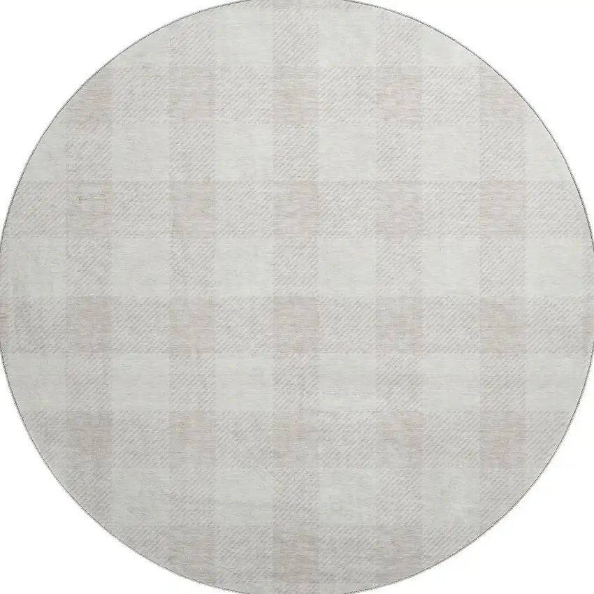8' Ivory And Beige Plaid Washable Round Rug With UV Protection Photo 3