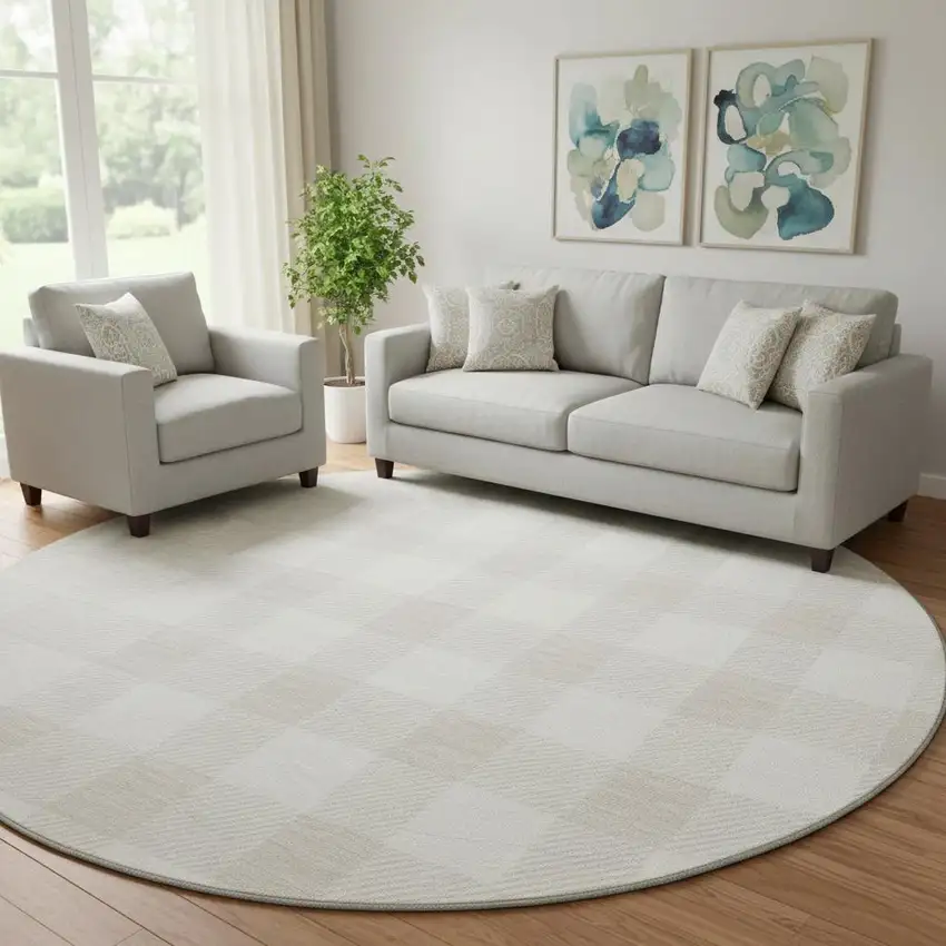 8' Ivory And Beige Plaid Washable Round Rug With UV Protection Photo 1