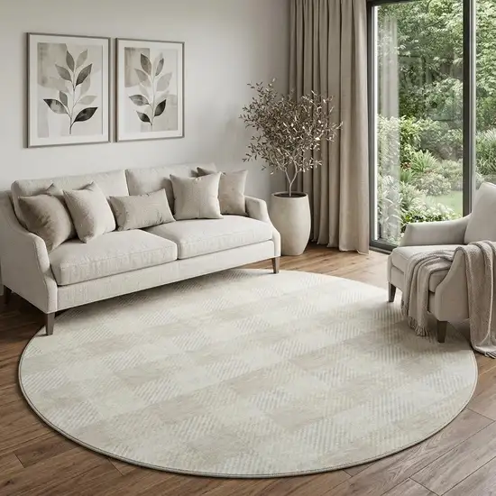 8' Ivory And Beige Plaid Washable Round Rug With UV Protection Photo 1