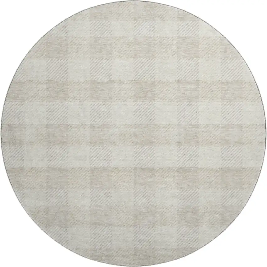 8' Ivory And Beige Plaid Washable Round Rug With UV Protection Photo 1