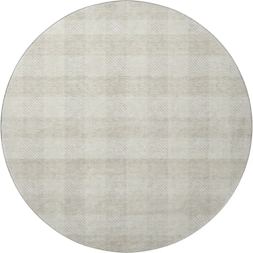 8' Ivory And Beige Plaid Washable Round Rug With UV Protection Photo 3