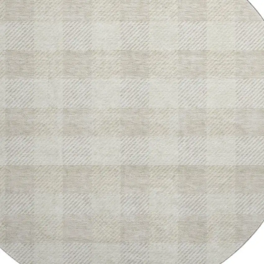 8' Ivory And Beige Plaid Washable Round Rug With UV Protection Photo 2