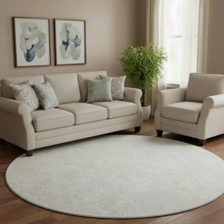 8' Ivory And Beige Polka Dot Washable Round Rug With UV Protection Photo 1